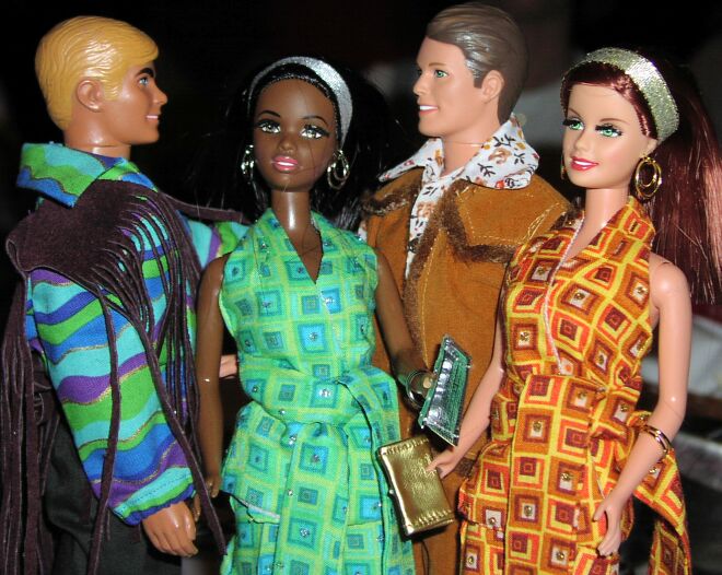 Mod Barbie Dolls and Ken in Braniff Costumes, Montgomery Ward